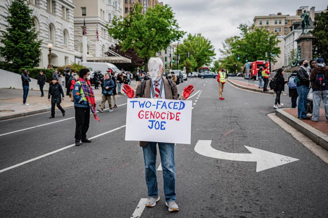 (Top) Demonstrators try to block arriving guests outside the venue for the White House Correspondents' Dinner, in Washington on April 27, 2024. (Bottom) Pro-Palestinian protestors demonstrate in Washington on April 27, 2024. (Kent Nishimura/Getty Images, Andrew Thomas/AFP via Getty Images)
