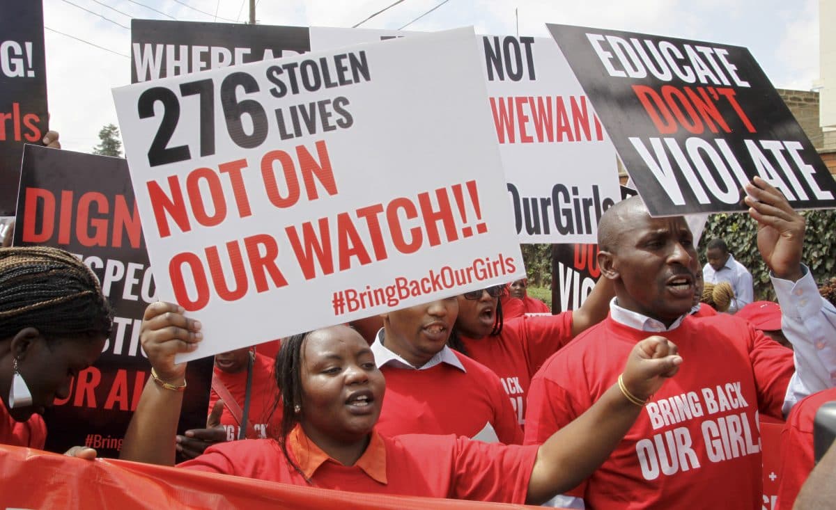 A coalition of Kenyan women's groups stage a protest demanding the release of schoolgirls abducted in Nigeria by Boko Haram terrorists, in downtown Nairobi, Kenya, on May 15, 2014. (Khalil Senosi/AP)