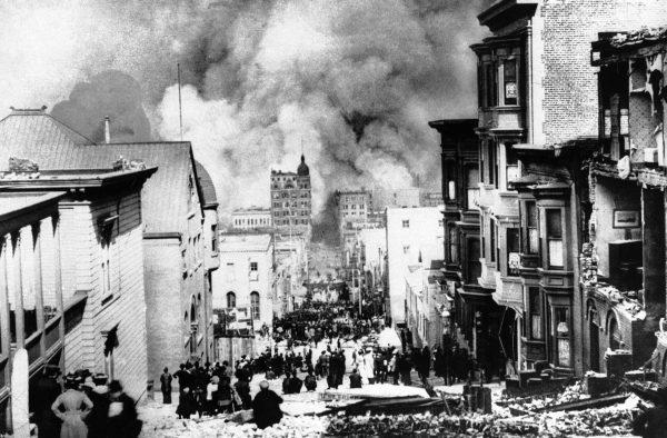 San Francisco is devastated by a great earthquake and fire on April 18, 1906. Property loss was close to $350 million. More than 60,000 buildings, half of them homes, were shattered or burned. Some 265,000 of the 360,000 residents were homeless. (AP Photo/Arnold Genthe)