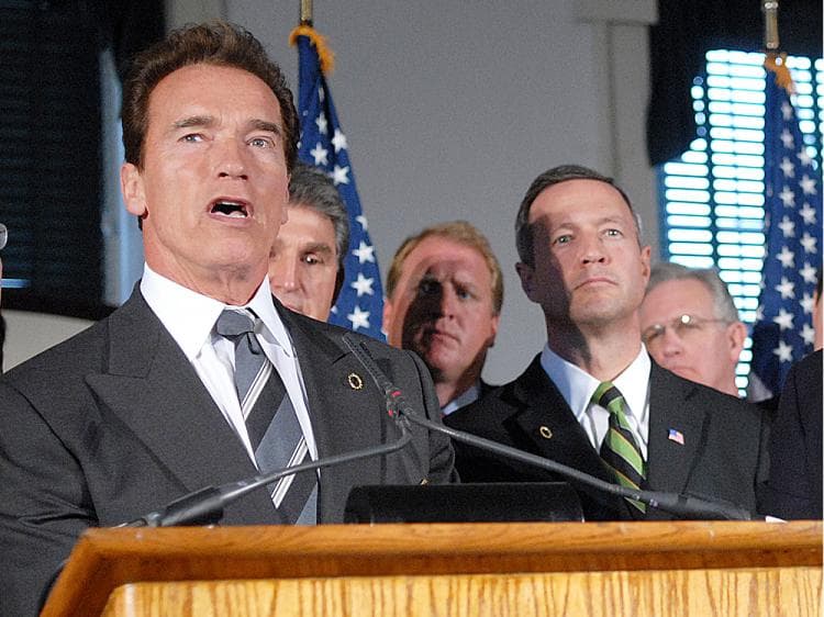 Then-California Gov. Arnold Schwarzenegger and then-Pennsylvania Gov. Ed Rendell (R) answer questions after the governors spoke with Sens. Barack Obama and Joe Biden, on Dec. 2, 2008. Schwarzenegger, who left office in 2011, was the last Republican governor of California. Since then, the Democrats have held a supermajority in the state. (William Thomas Cain/Getty Images)