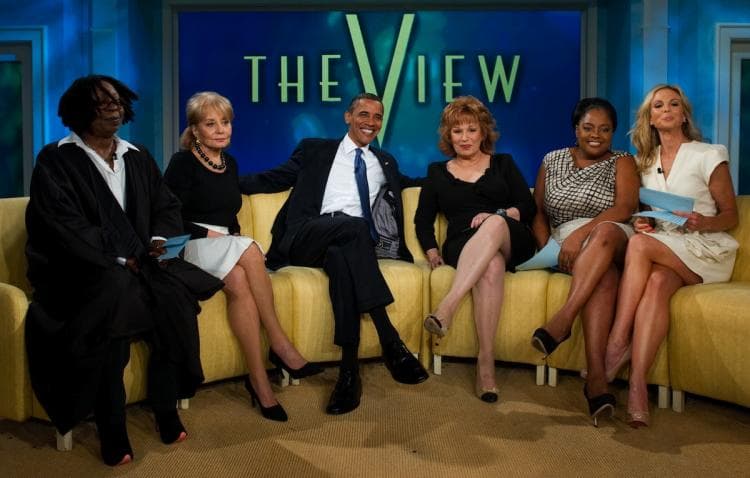 President Barack Obama appears on the ABC daytime television talk show "The View" in New York, alongside hosts (L–R) Whoopi Goldberg, Barbara Walters, Joy Behar, Sherri Shepherd, and Elisabeth Hasselbeck. (Saul Loeb/Getty Images)