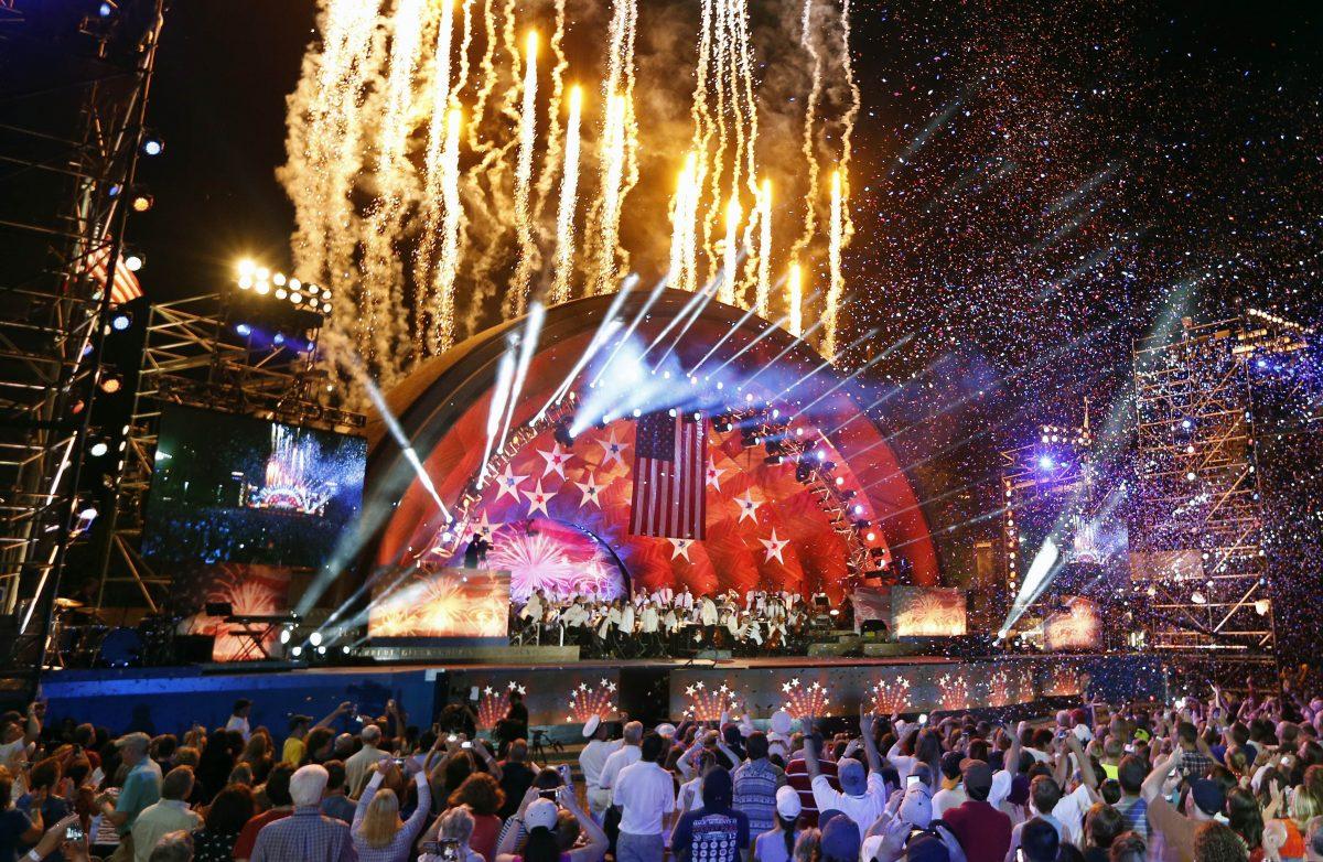 Fireworks shoot from the Hatch Shell during rehearsal for the annual Boston Pops Fireworks Spectacular on the Esplanade in Boston on July 3, 2016. (Michael Dwyer/AP Photo)