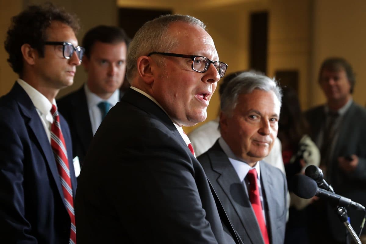 Former Trump campaign aide Michael Caputo (L) and his lawyer Dennis Vacco (R) after testifying before the House Intelligence Committee at the U.S. Capitol in Washington on July 14, 2017. (Chip Somodevilla/Getty Images)