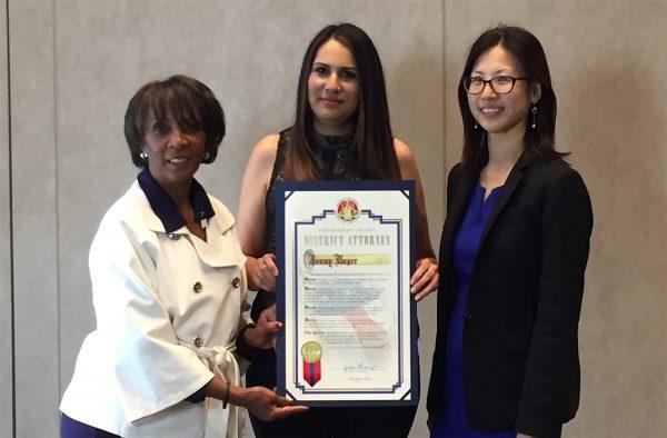 (L-R) Los Angeles County District Attorney Jackie Lacey, Deputy District Attorney Irene Lee, and Jenny Unger at the Courageous Citizen Awards in Los Angeles, on Oct. 5, 2018. (Sarah Le/The Epoch Times)