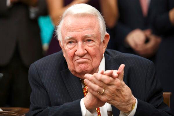 Former Attorney General Edwin Meese applauds as President Donald Trump speaks during a ceremony to present the Presidential Medal of Freedom to Meese, in the Oval Office of the White House, in Washington on Oct. 8, 2019. (AP Photo/Alex Brandon)