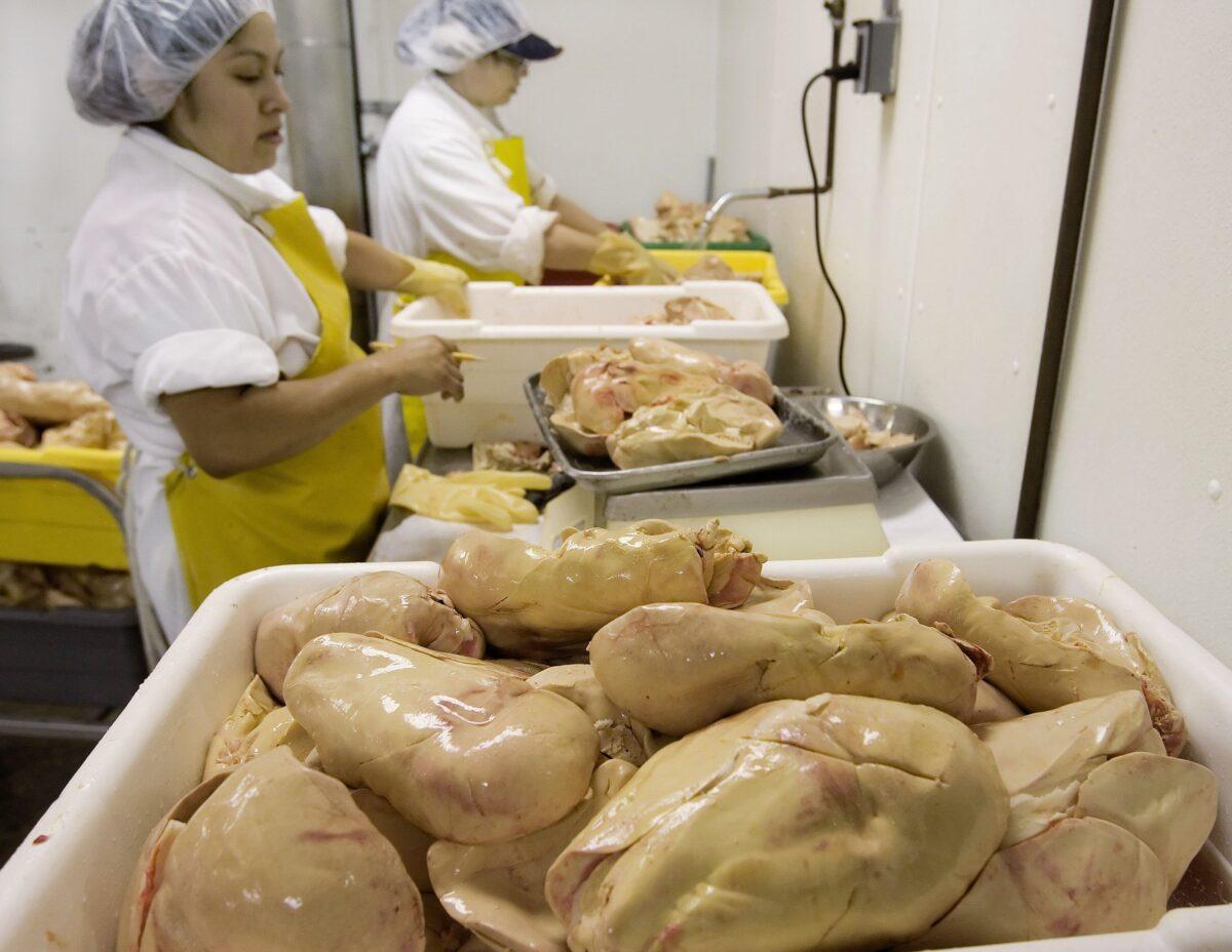 A tub of foie gras being graded and cleaned rests on a preparation table at Hudson Valley Foie Gras August 17, 2006, in Ferndale, New York. (Stephen Chernin/Getty Images)