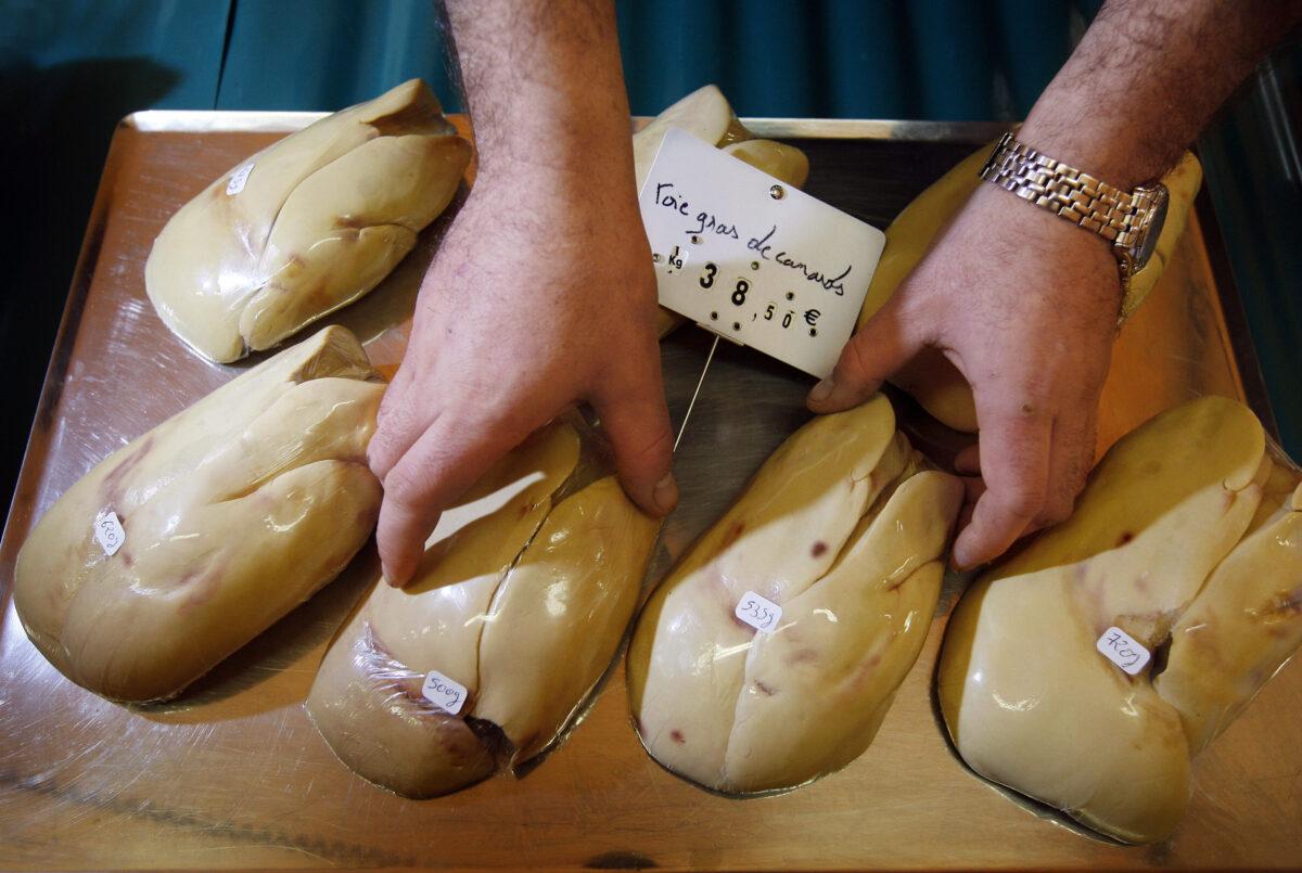 Duck livers for sale at a market in Perigueux, France, on Nov. 19, 2008. (Patrick Bernard/AFP via Getty Images)