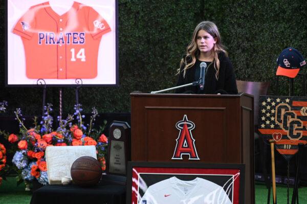Sammy Forbath, best friend of Alyssa Altobelli, speaks at a memorial service honoring baseball coach John Altobelli, his wife, Keri, and their daughter Alyssa at Angel Stadium in Anaheim, Calif., on Feb. 10, 2020. (Jayne Kamin-Oncea/Getty Images)
