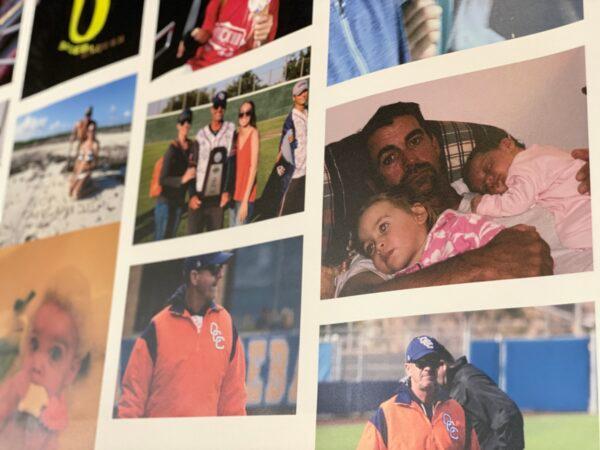 Family photos on display at a memorial service for helicopter-crash victims John, Keri, and Alyssa Altobelli at Angel Stadium in Anaheim, Calif., on Feb. 10, 2020. (Jamie Joseph/The Epoch Times)