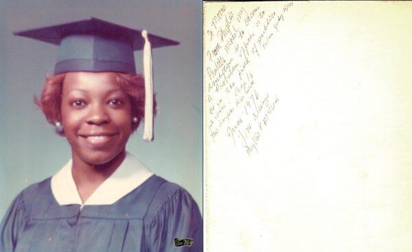 A high school photo Phyllis McNeal gave to her mentor, Maxene McGinnis, with a note on the back outlining her aspirations. (Courtesy of Phyllis McNeal)