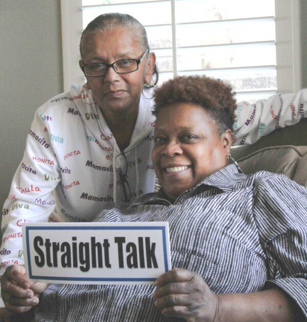 Phyllis McNeal (R) with one of the many people she has helped turn from a life of crime and addiction, Donna Reed, through her program Straight Talk, based in Norco, Calif. (Makenna Mullins for The Epoch Times)