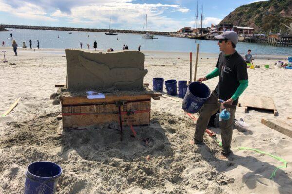 Sand sculptor JT Estrela pictured with several buckets he used to carry water, of which he needs plenty, to the sand he used for sculpting at the Dana Point Festival of Whales on March 7, 2020. (Alex Ayala)