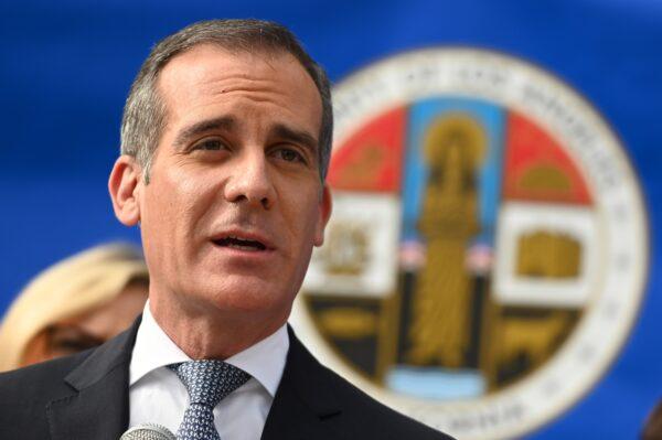 Los Angeles Mayor Eric Garcetti speaks at a Los Angeles County Health Department press conference on the CCP virus in Los Angeles on March 4, 2020. (Robyn Beck/AFP via Getty Images)