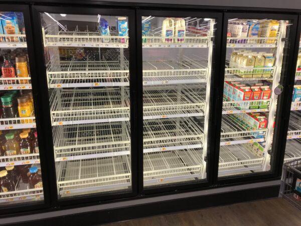 A shortage of milk at Stater Bros. in Menifee, Calif., on March 15, 2020. (Brad Jones/The Epoch Times)