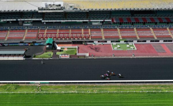 Horses race at Golden Gate Fields with no fans in attendance due to COVID-19 concerns in Berkeley, Calif., on March 19, 2020. (Justin Sullivan/Getty Images)