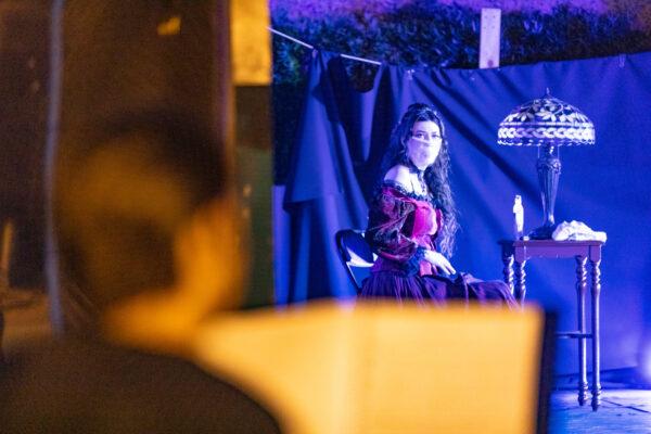 A member of the Braver Players performs during an outdoor staging of the youth theater group's "Jekyll & Hyde" in Costa Mesa, Calif., on Aug. 5, 2020. (John Fredricks/The Epoch Times)