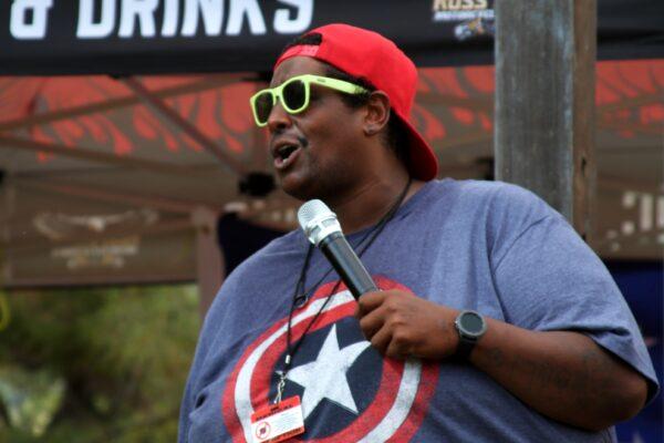 Kristopher Taylor speaks during the open mic portion of the Freedom Protest Rally in Oak Glen, Calif., on Aug. 15, 2020. (Brad Jones/The Epoch Times)