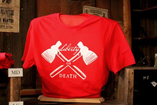 Merchandise for sale at a shop on Riley's Farm stresses the importance of liberty, in Oak Glen, Calif., on Aug. 15, 2020. (Brad Jones/The Epoch Times)