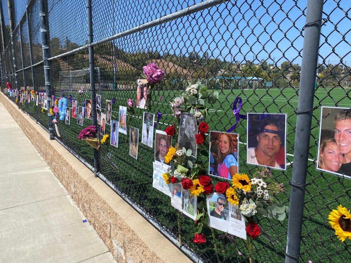 Photos of drug overdose victims line a chain-link fence at the Laguna Niguel Skate Park on International Overdose Awareness Day in Laguna Niguel, Calif., on Aug. 31, 2020. (Chris Karr/The Epoch Times)