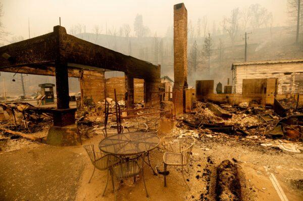 A table stands outside the destroyed at Cressman's General Store after the Creek Fire burned through Fresno County, Calif., on Sept. 8, 2020. (Noah Berger/AP Photo)