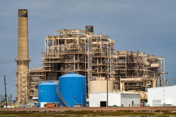 A ground-level shot shows the power plant in Huntington Beach, Calif., on Aug. 6, 2020. (John Fredricks/The Epoch Times)
