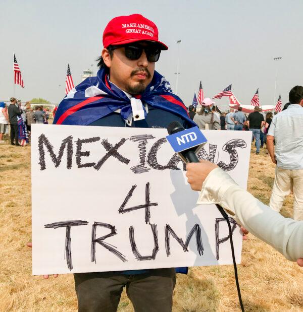 Jonathan Pablo explains to The Epoch Times sister media NTD Television why he supports President Trump, at Sacramento McClellan Airport on Sept. 14, 2020. (Ted Lin/The Epoch Times)