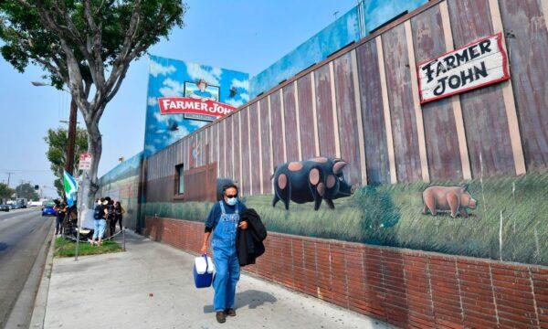 A worker finishing his shift carries a cooler past activists from groups such as LA Animal Save, Slaughter Free Los Angeles, and Direct Action Everywhere gathered to demonstrate outside the Farmer John slaughterhouse/packing plant in Vernon, an industrial city five miles south of downtown Los Angeles, on Sept. 14, 2020. (Frederic J. Brown/AFP via Getty Images)