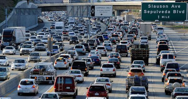 Traffic comes to a standstill on the northbound and the southbound lanes of the Interstate 405 freeway near Los Angeles International Airport in Los Angeles, Calif., on Nov. 23, 2011. (Kevork Djansezian/Getty Images)