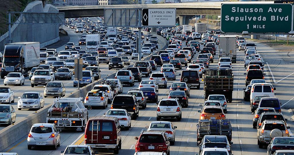 Traffic comes to a standstill on the northbound and the southbound lanes of the Interstate 405 freeway near Los Angeles International Airport in Los Angeles, Calif., on Nov. 23, 2011. (Kevork Djansezian/Getty Images)