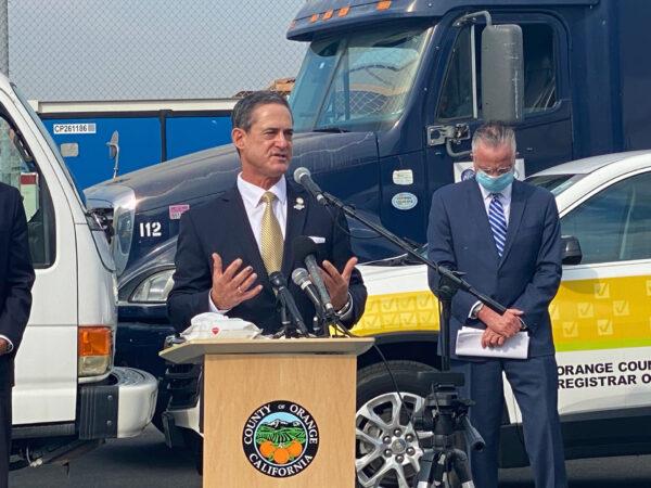 Orange County District Attorney Todd Spitzer discusses voter fraud at a press conference in Santa Ana, Calif., on Oct. 5, 2020. (Jamie Joseph/The Epoch Times)
