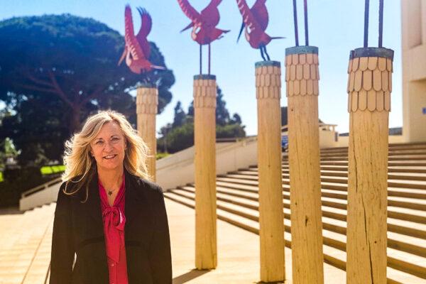 Mayor Lyn Semeta stands outside of City Hall in Huntington Beach, Calif., on Oct. 13, 2020. (Jamie Joseph/The Epoch Times)