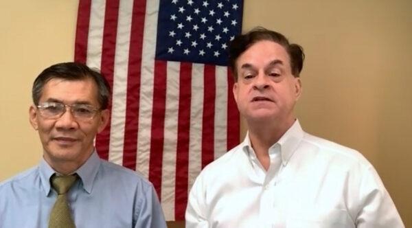 A screenshot of U.S. citizen Michael Nguyen and his brother-in-law Mark Roberts on a video press call on Oct. 28, 2020. (Screenshot/Zoom/Sarah Le/The Epoch Times)