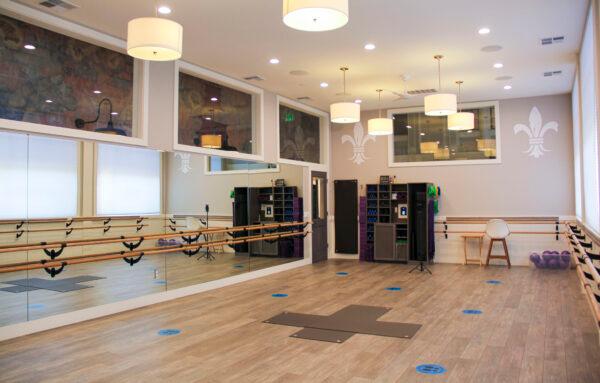 La Barre Studios, marked with blue dots six feet apart, sits empty in San Jose, Calif., on Dec. 7, 2020, after the state’s strict lockdown order. (David Lam/The Epoch Times)