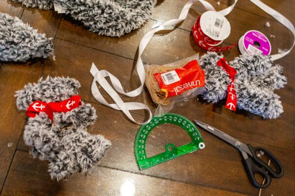 Materials William Pugmire uses to make teddy bears for donation are laid out in his home in Carlsbad, Calif., on Dec. 29, 2020. (John Fredricks/The Epoch Times)