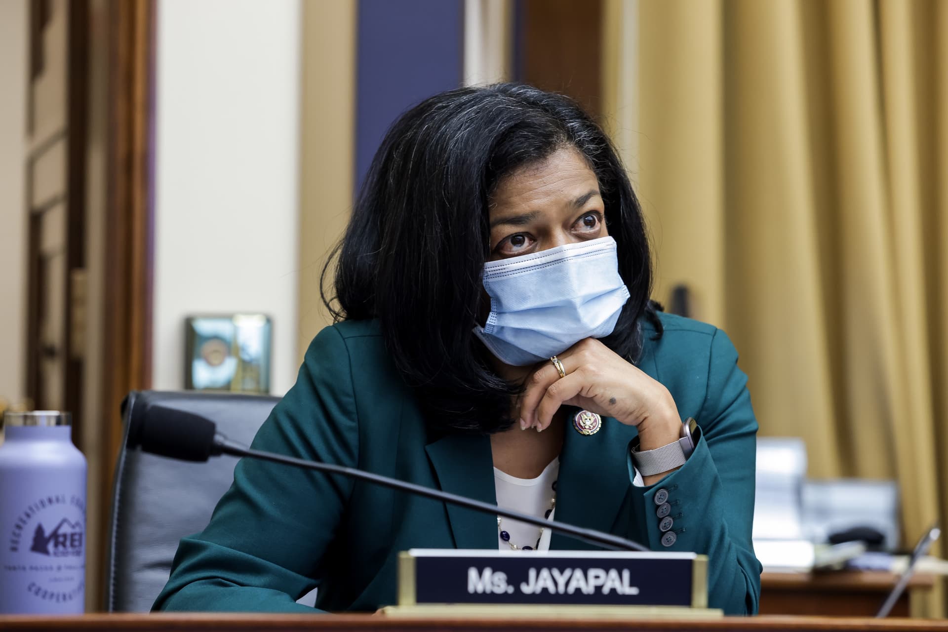 Rep. Pramila Jayapal (D-Wash.) looks on during a hearing in Washington on July 29, 2020. (Graeme Jennings/Getty Images)
