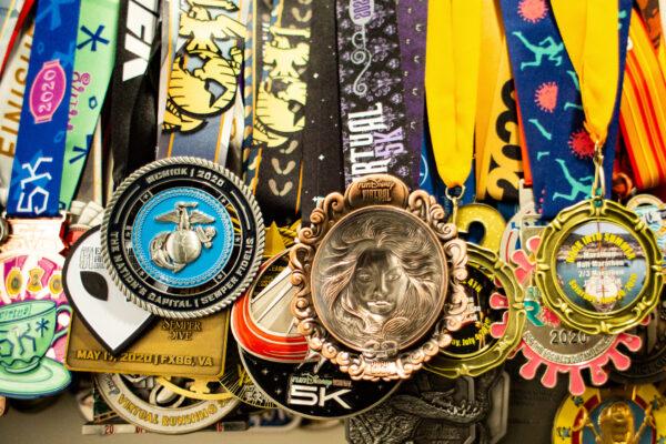 Medals won by Jordan Ramirez hang in his home in La Puente, Calif., on Jan. 19, 2021. (John Fredricks/The Epoch Times)