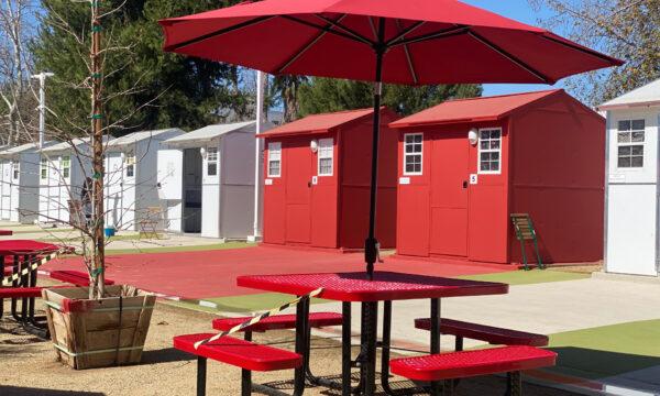 The tiny home village community for the homeless in the North Hollywood neighborhood of Los Angeles, on Feb. 25, 2021. (Jamie Joseph/The Epoch Times)