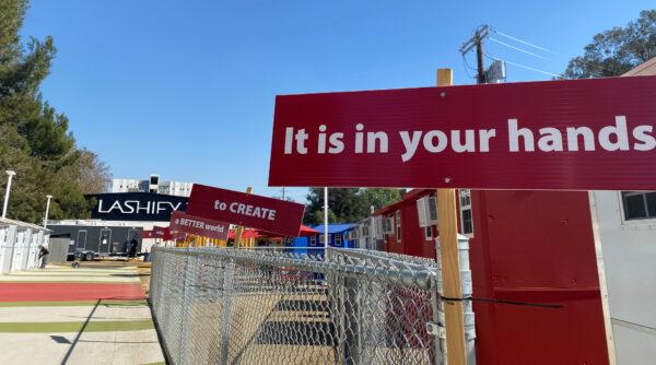 The tiny home village, which offers temporary housing to the homeless, in the North Hollywood section of Los Angeles, on Feb. 25, 2021. (Jamie Joseph/The Epoch Times)