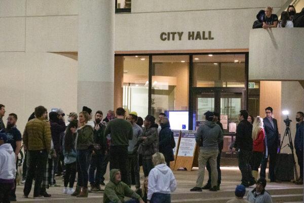 Demonstrators gather in support of Huntington Beach City Councilman Tito Ortiz, at the Huntington Beach Civic Center, on Feb. 1, 2021.(John Fredricks/The Epoch Times)
