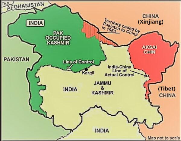 A map of Jammu and Kashmir (not to scale) shows how the state, acceded to India in 1947, is currently under the control of India, Pakistan, and China. In 2019, the Indian administration bifurcated the state into the federally governed territories, one called Jammu and Kashmir, the other Ladakh. (Map adapted by Venus Upadhayaya)
