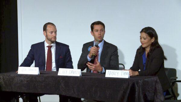 Chesa Boudin (L), Leif Dautch (center), and Nancy Tung (R) deliver their platforms for the office of San Francisco district attorney on Sept. 4, 2019. (Nancy Han/NTD)