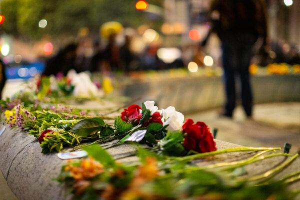 A memorial for police shooting victim Daunte Wright on the corner of Sunset Boulevard and Vine Street, in Los Angeles, Calif., on April 16, 2021. (John Fredricks/The Epoch Times)