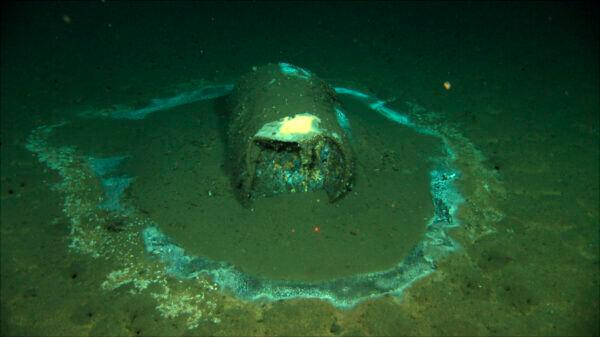 In this 2011 image provided by the University of California Santa Barbara, a barrel sits on the seafloor near the coast of Catalina Island, Calif. (David Valentine/UC Santa Barbara/RV Jason via AP)