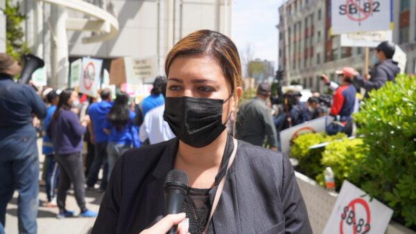 Faye Maloney, chairwoman of the California Narcotic Officers’ Association, attends the anti-SB-82 rally in Oakland, Calif., on April 30, 2021. (Mark Cao/The Epoch Times)