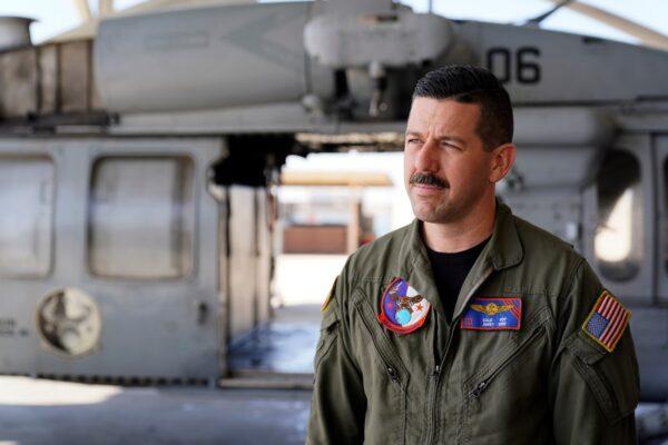Navy rescue swimmer Cale Foy looks on at Naval Air Station North Island, in San Diego, Calif., on May 4, 2021. (Gregory Bull/AP Photo)