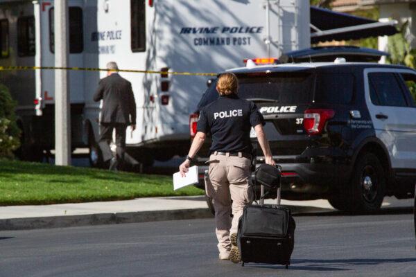 A crime scene is marked by the Irvine Police Department in Irvine, Calif., on May 5, 2021. (John Fredricks/The Epoch Times)