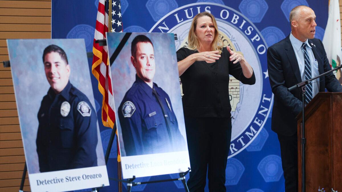 San Luis Obispo police department detective Steve Orozco (L) was wounded and detective Luca Benedetti was killed during a warrant search on Camellia Court, Calif., on May 11, 2021. (David Middlecamp/The Tribune (of San Luis Obispo) via AP)