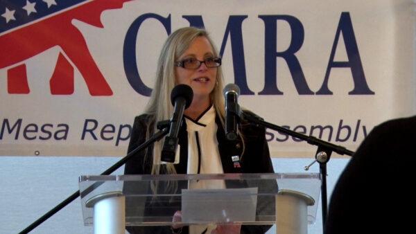 Jennye Bigelow speaks at a Costa Mesa Republican Assembly event in Costa Mesa, Calif., on April 25, 2021. (Courtesy of Costa Mesa Brief)