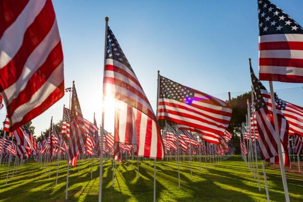 Flags on display at the 2020 Orange Field of Valor, in Handy Park in Orange, Calif., on Nov. 9, 2020. (John Fredricks/The Epoch Times)