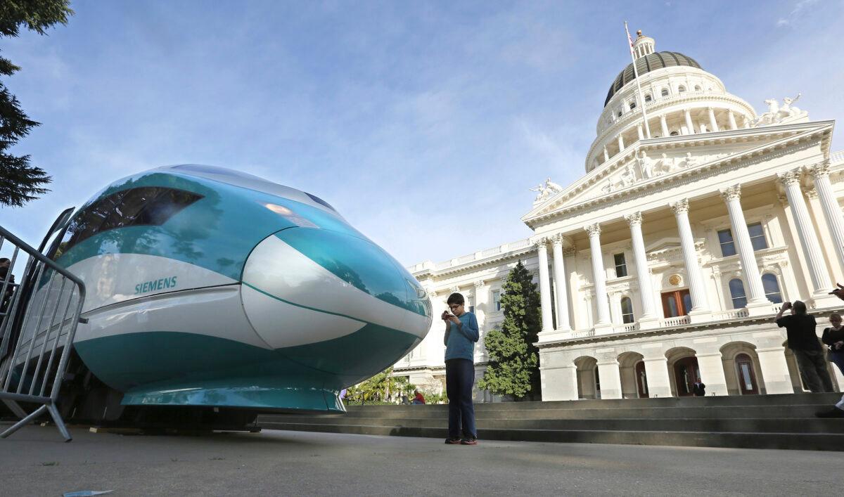 A full-scale mock-up of a high-speed train is displayed at the Capitol in Sacramento, Calif., on Feb. 26, 2015. (Rich Pedroncelli/AP Photo)